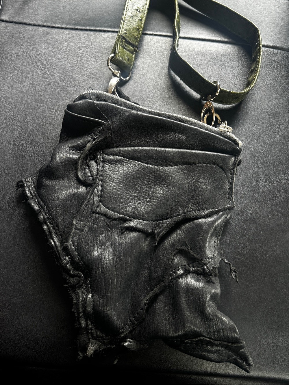 Vintage One of A Kind Black Distressed Leather Crossbody Bag with Olive Strap